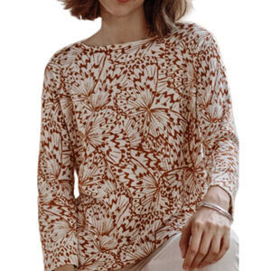 J. Jill Cream and Brown Floral-Print Long-Sleeve Top